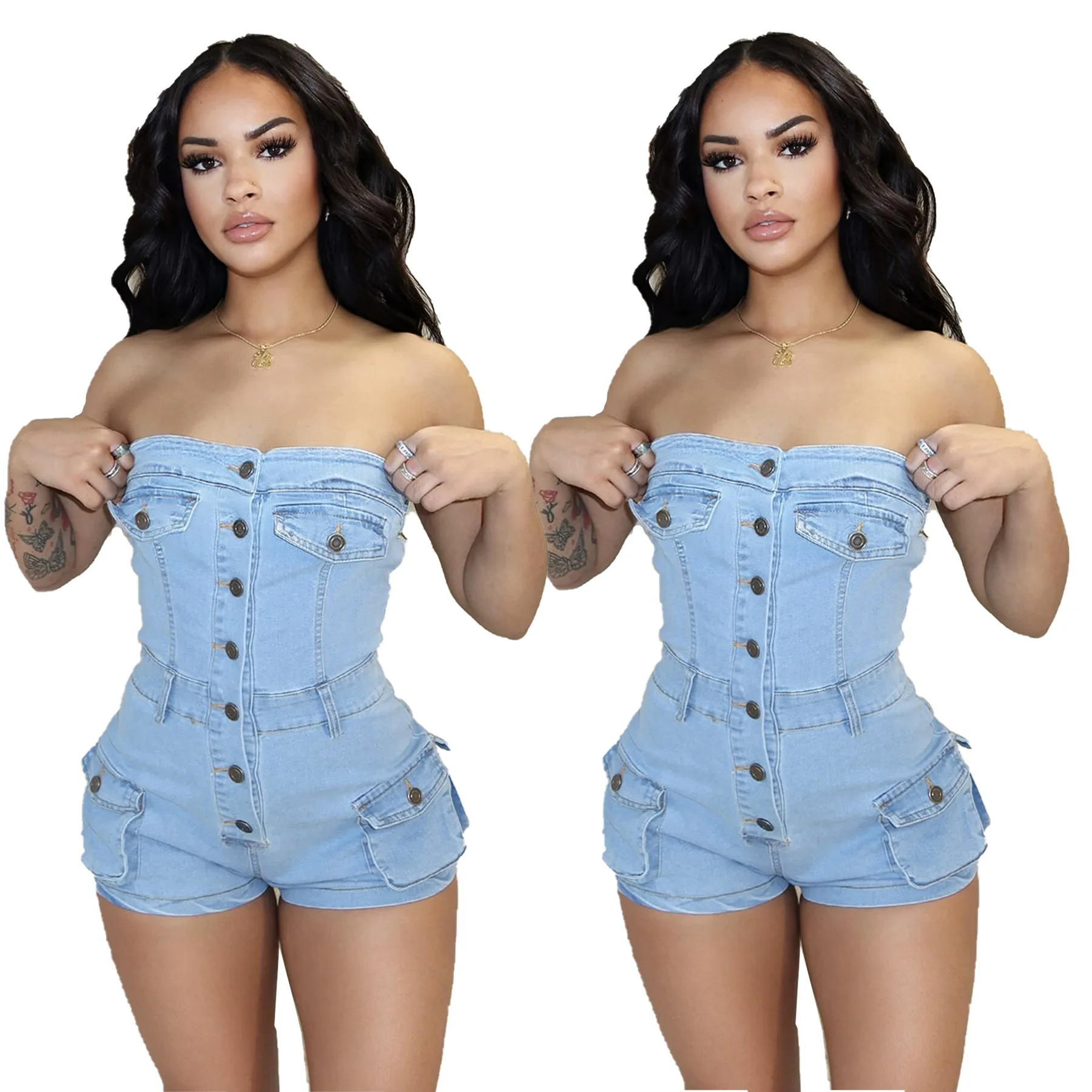 Summer Sexy Sleeveless Rompers Short Jumpsuit Women One Piece Romper Button Strapless Pocket Side Cargo Denim Stretch Playsuits