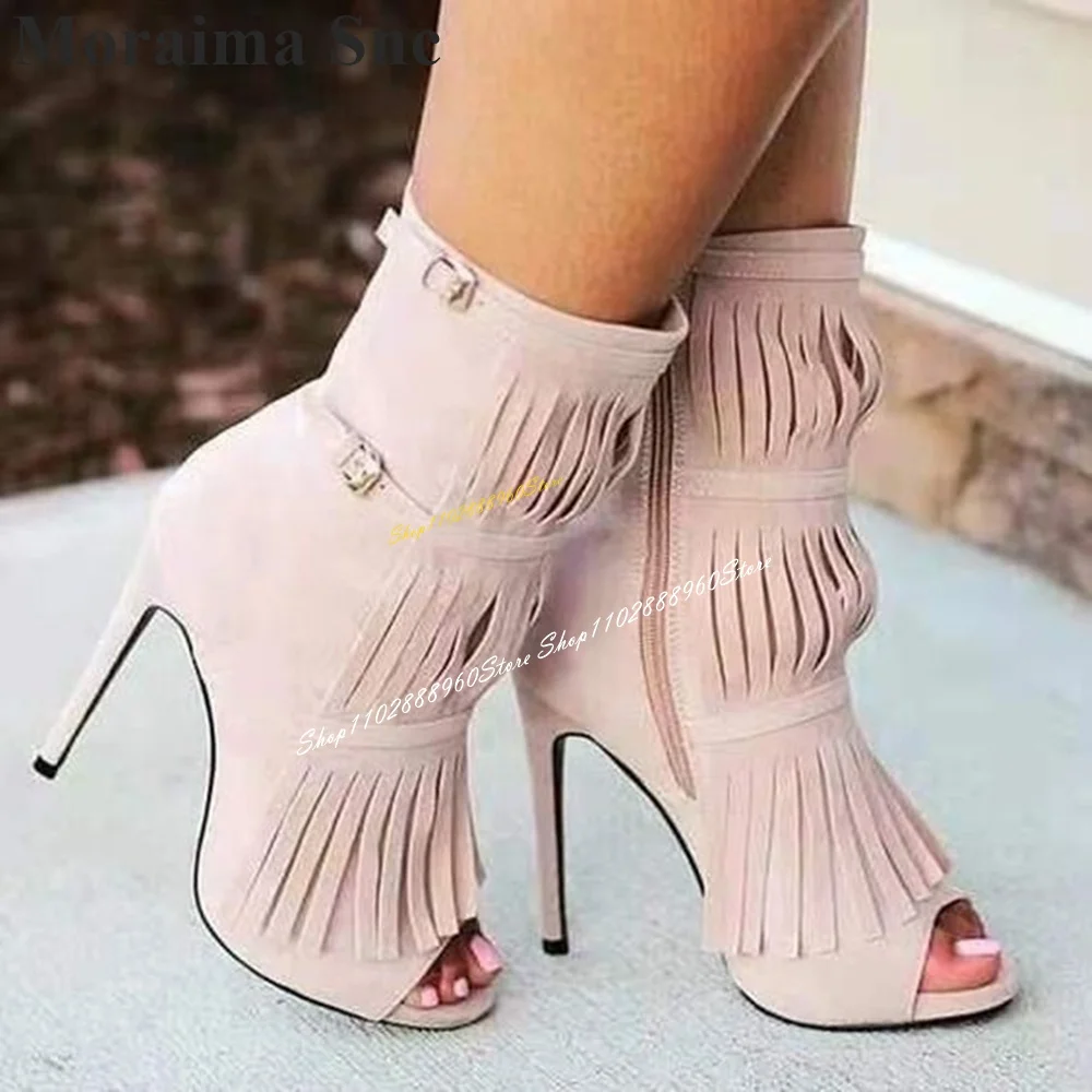 

Mid Calf Flock Fringe Buckle Strap Decor Sandal Boots Thin High Heel Women Shoes Side Zipper Peep Toe 2024 Zapatos Para Mujere