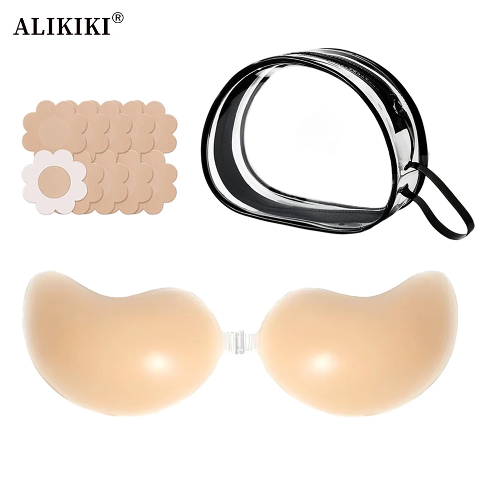 Conjunto de sujetador invisible adhesivo y cubrepezones de silicona reutilizables, sujetador push-up autoadhesivo sin espalda ni tirantes con estuche de viaje