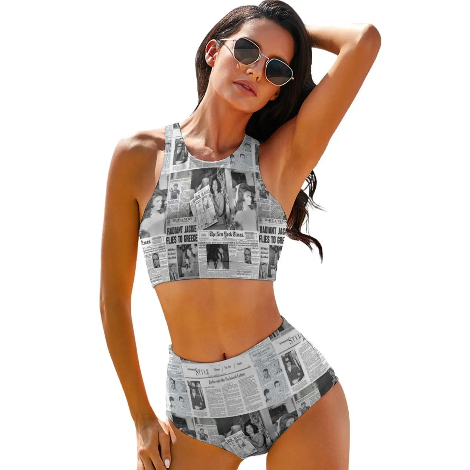 

Sexy Newspaper Collage Bikinis Set Jackie Kennedy Bikini Swimsuit High Waisted Swimwear Beach Graphic Bathing Suit Beach Outfits