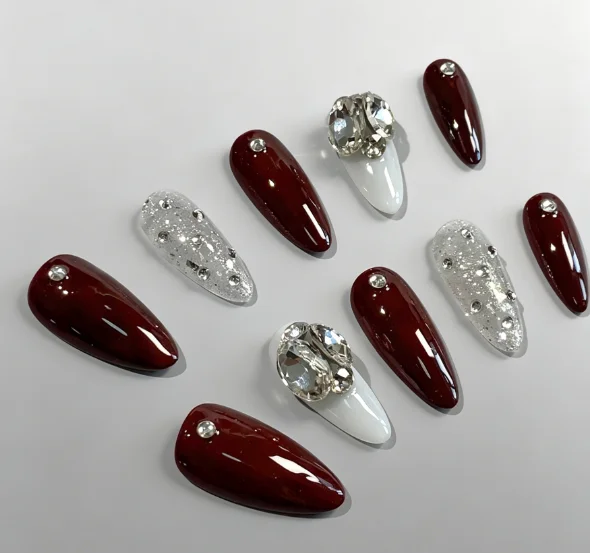 Elegant Burgundy Press On Nails,Almond Reusable False Nails,White Silver Glitter Nails with Big Crystal Rhinestones