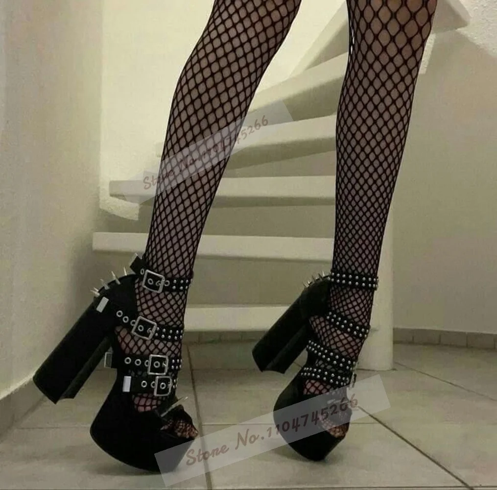Black Matte Chunky Heel Long Spikes Sandals High Platform Metallic Studded Dress Shoes Fire Flame Buckle Straps Rivets Pumps