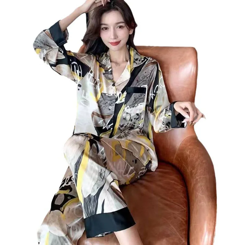 Silk Sleepwear Large Size Autumn Winter Ladies Pyjamas Long-Sleeved Suit Temperament Home Wear Outside Soft Casual Loungewear