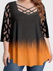 Plus Size Elegant Top, Women's Plus Ombre Print Contrast Mesh Criss Cross Long Sleeve T-shirt