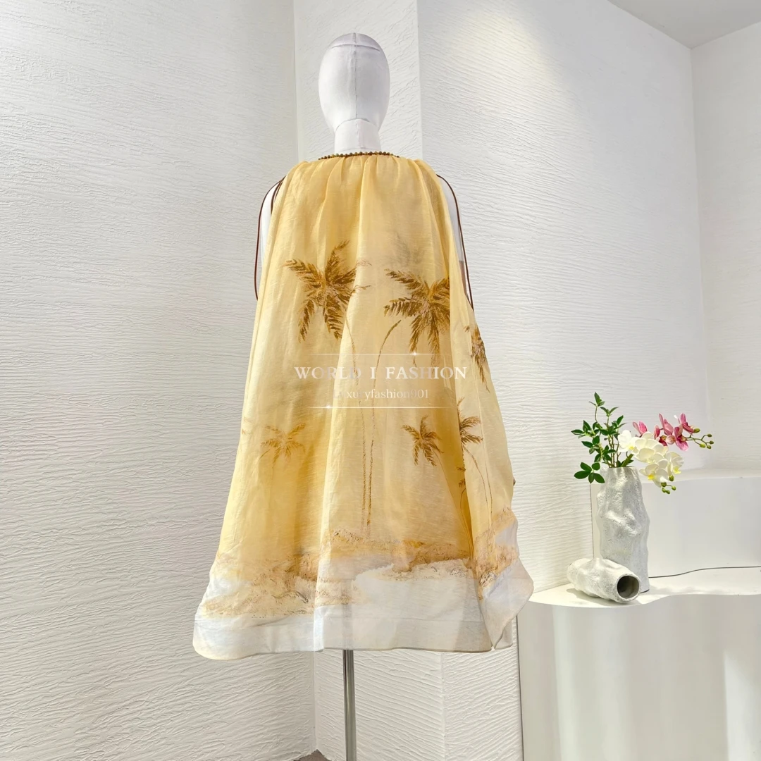Beach Style Yellow Elegant Linen Silk High Quality Floral Print Sleeveless Women Holiday Mini Dress