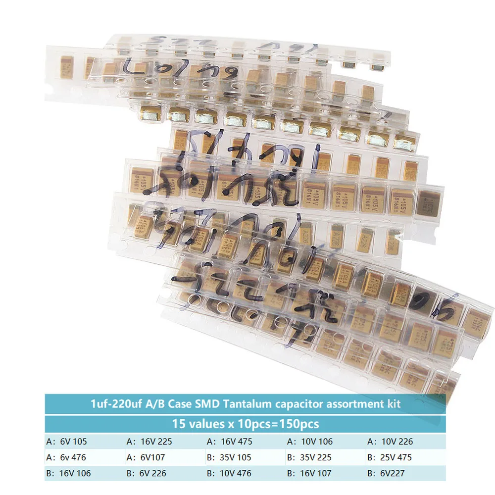 150pcs SMD Tantalum Capacitors Assortment Kit A/B Case 1uF-220uF 15Valuesx10pcs for Electronic Circuit Repair & DIY Projects