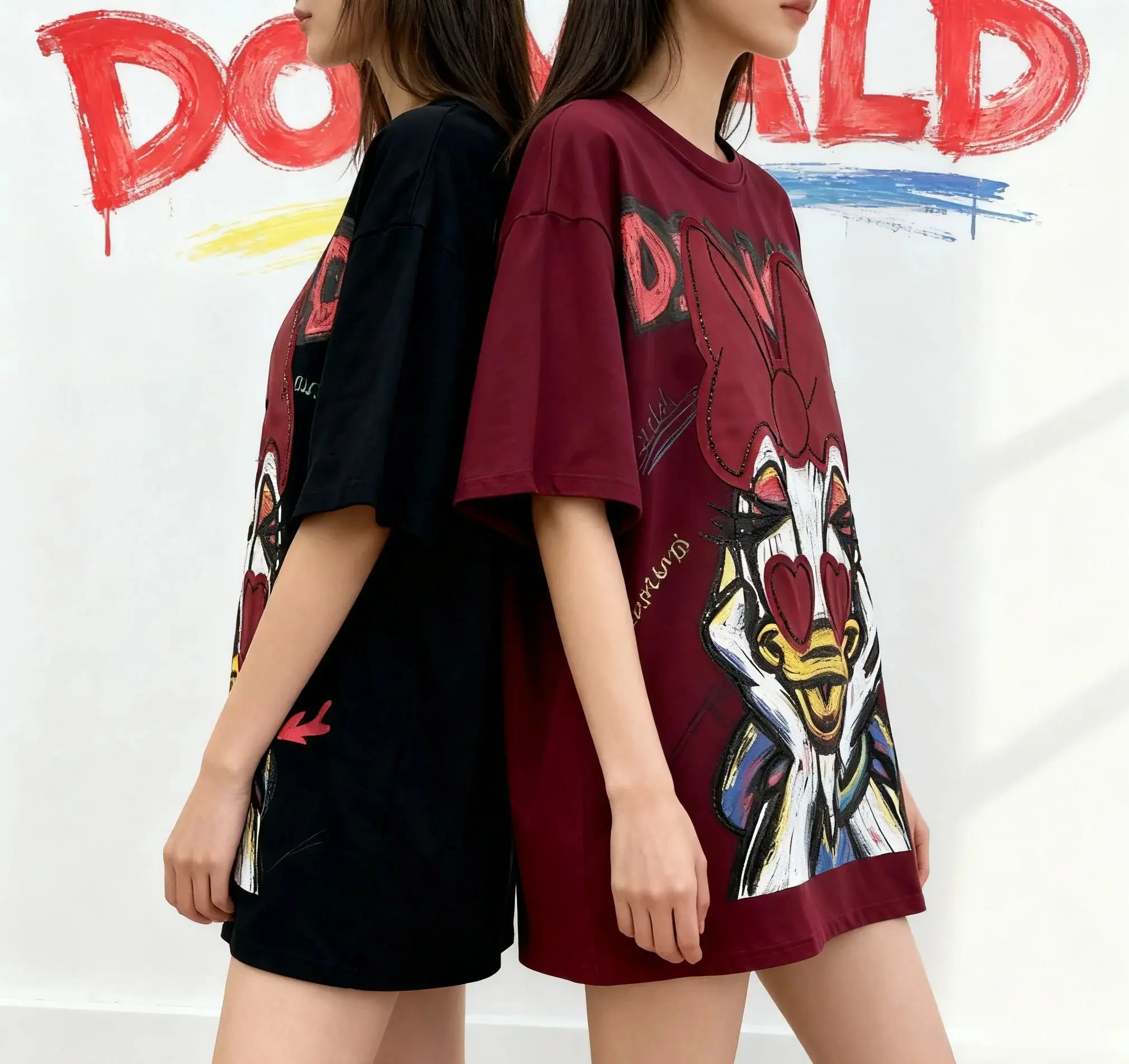 

Fashion New Autumn Women Short Sleeve T-shirt Embroidery Sequins Cartoon Sweet Round Neck Pullover Top Mid-long Casual Tees