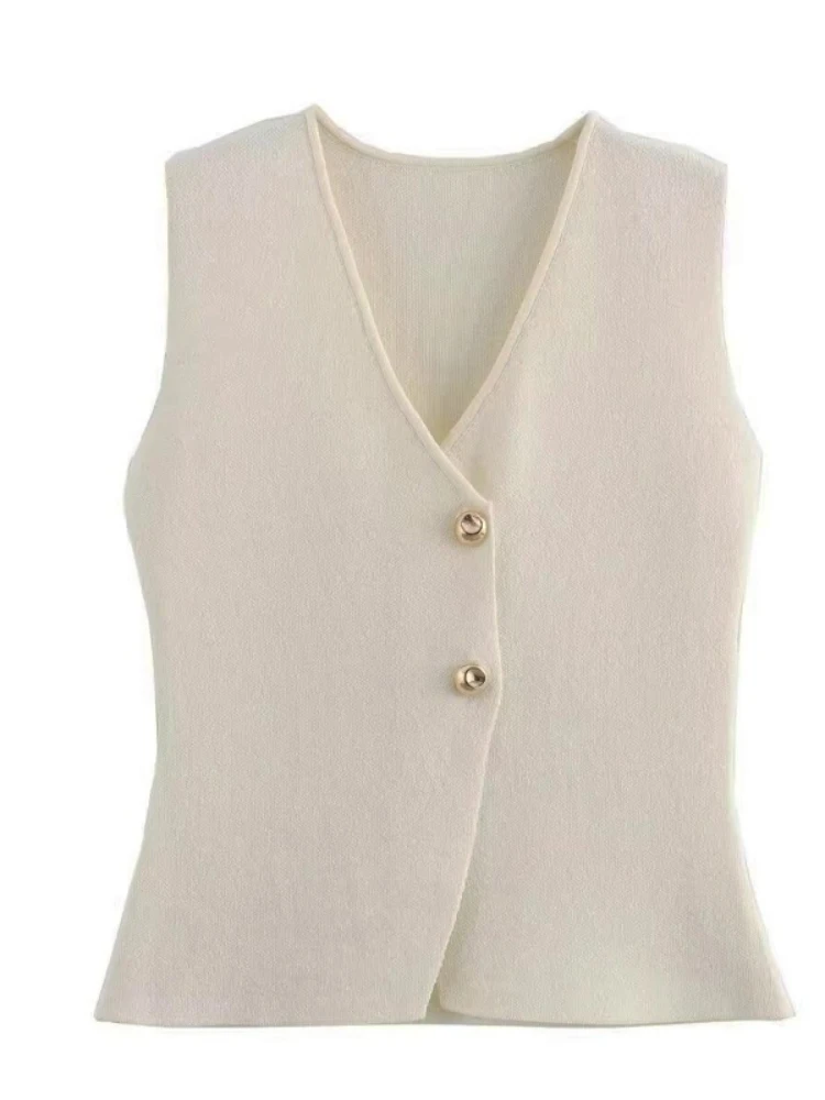 2026 Spring Summer Gold Button Decor Tank Tops Women's Fashion V-Neck Sleeveless Vests Casual All-Match Plain Knit Camis