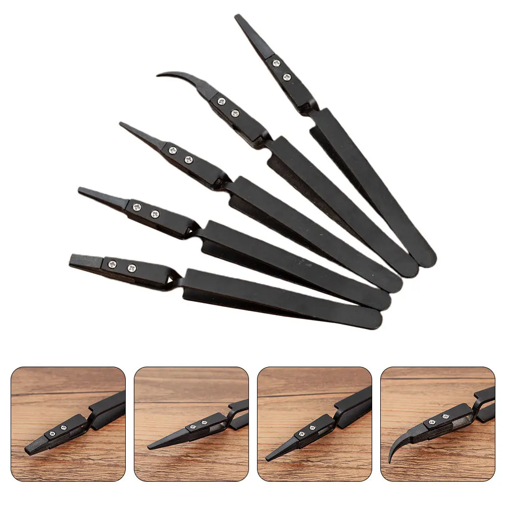 Pinzas de plástico de precisión, aislamiento resistente al calor, no conductor, antiestático, curvo inverso, duradero, acero inoxidable, 5 uds.