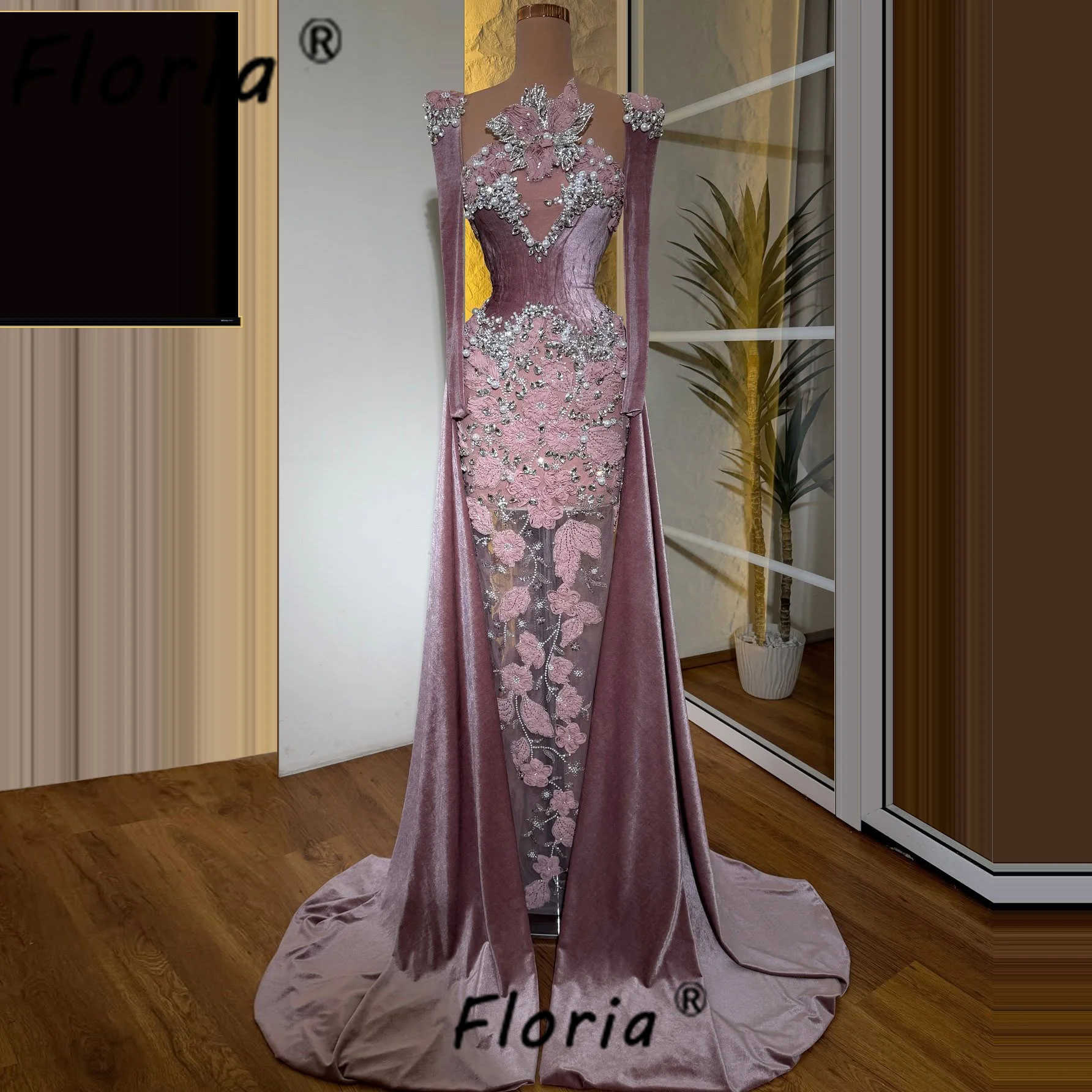 

Роскошное розовое вечернее платье русалки с жемчугом и кристаллами 3D цветы бархатное платье для вечеринок знаменитостей с красной ковровой дорожкой Дубай Robe de mariee