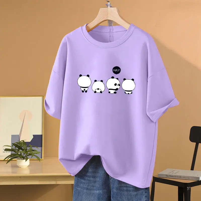 Women Clothing Loose Casual O-neck T-shirt, Summer Vintage Basic Short Sleeve Top Tee, Cartoon Printed 100% Cotton Pullovers