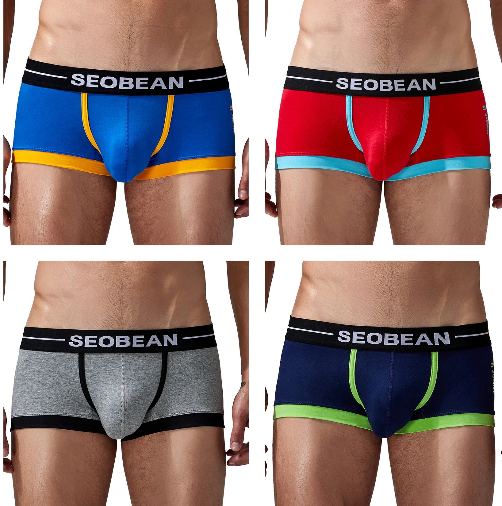 

Seobean, комплект из 4 мужских хлопковых нижнего белья, удобные дышащие, впитывающие пот трусы с плоским дном