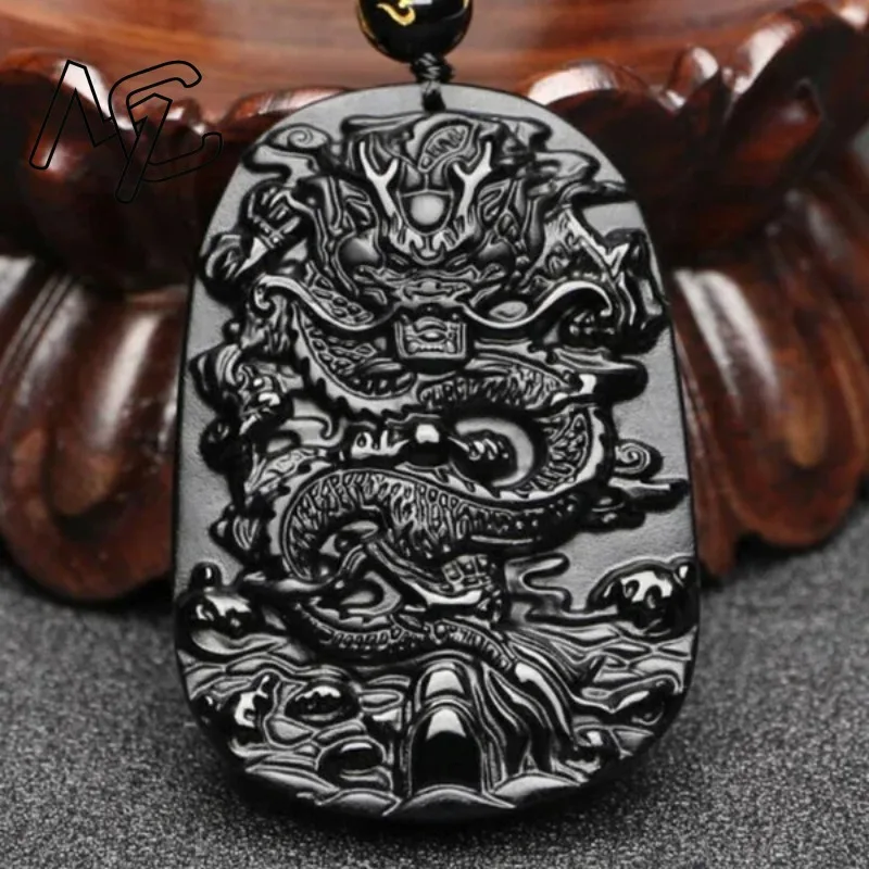 Natural Black Obsidian Dragon Pendant Beads Necklace Charm Jewellery Fashion Accessories Hand-Carved Baby Lucky Amulet Gifts