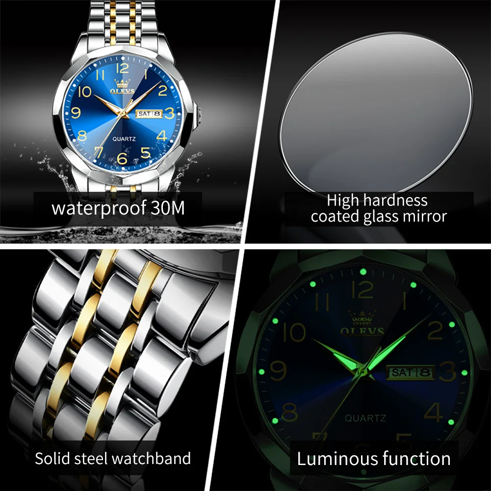 Olevs Top Business Mannen Watch Digitale Weegschaal Prismatische Spiegel Oppervlak Quartz Horloge Roestvrij Stalen Band Waterdichte Dubbele Kalender