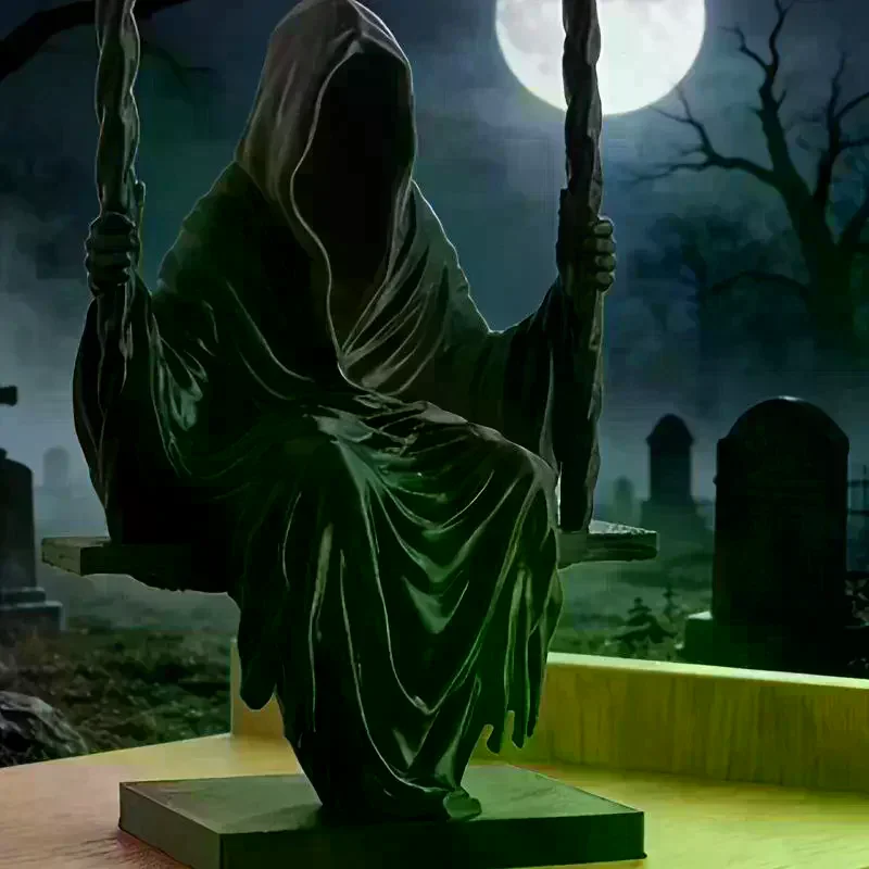 Swing Grim Reaper Statue Resin Black Hooded Miniature Figurine Halloween Desktop Gothic Decor