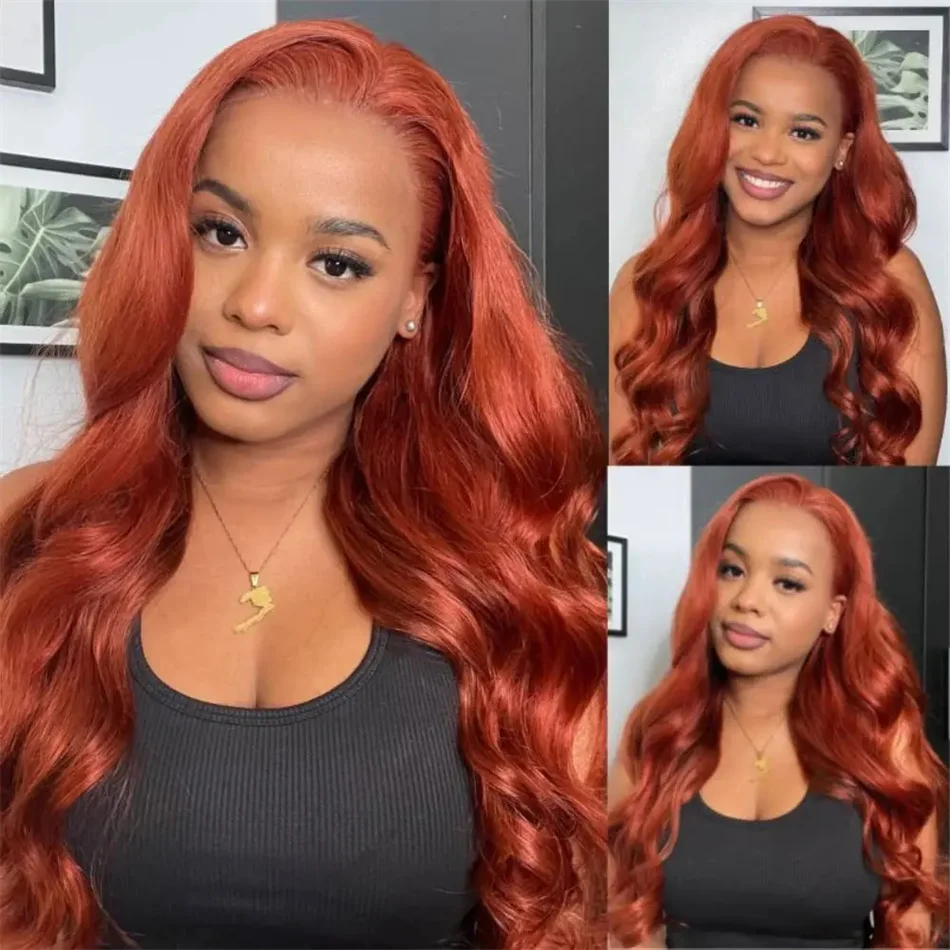 13x4 HD Reddish Brown Colored Body Wave Transparent Lace Front Human Hair Wigs 180% Density Pre Plucked Lace Frontal Wig On Sale