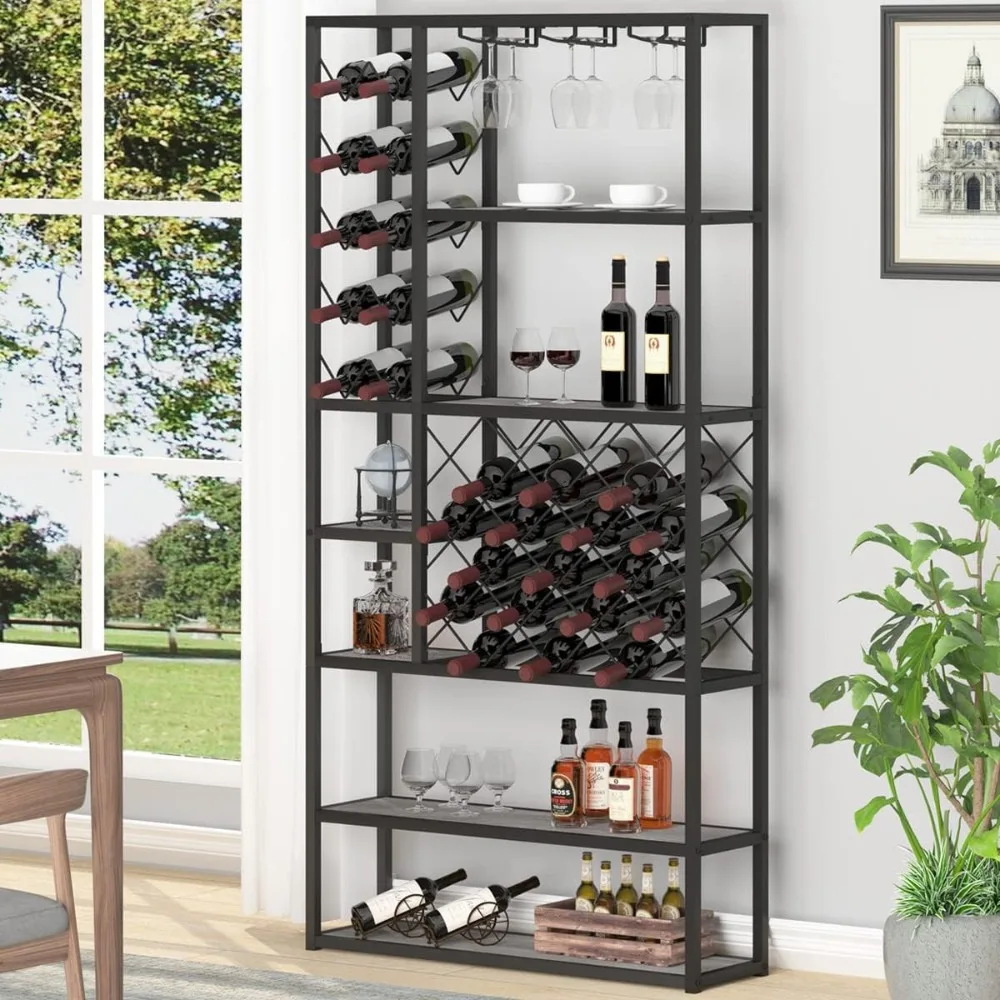 

Launica Industrial Wine Rack Freestanding Floor, Farmhouse Tall Coffee Bar Cabinet with Storage, Wood Metal Bakers Rack