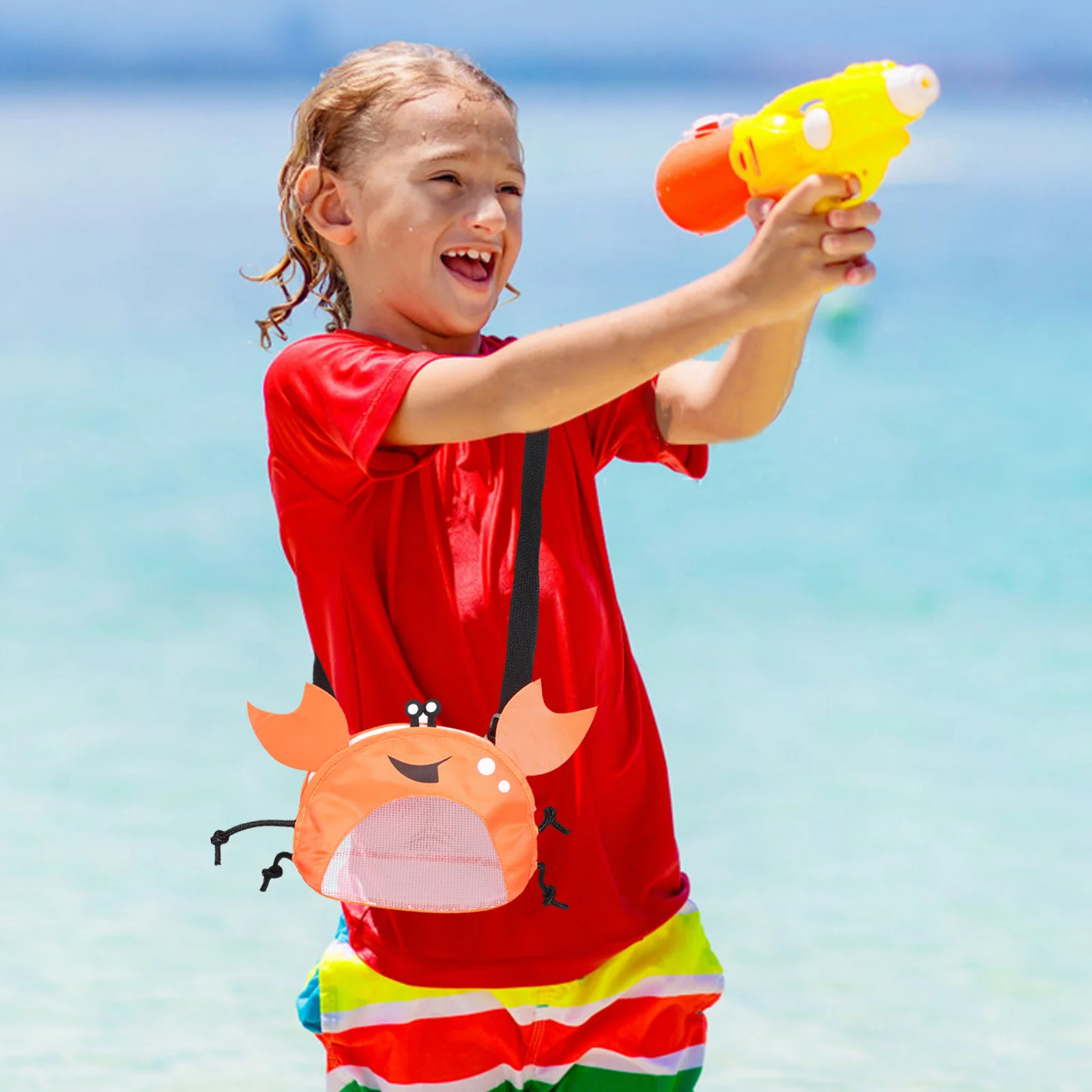 Adorable Crab Print Beach Mesh Bag for Boys Girls Large Compartment Shell Collector Bag with Breathable Mesh Material for Summer