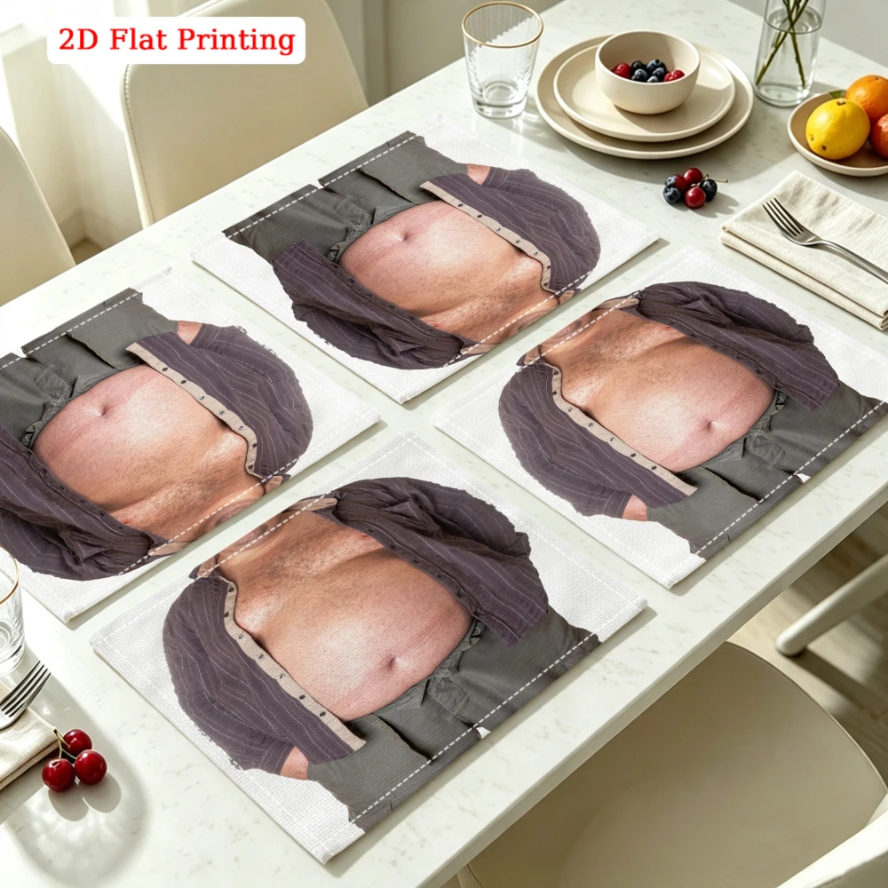 2Pcs Funny Belly Man Placemat Multicolor 2D Flat Printing Table Mat Kitchen Dining Decor Non Slip Heat Resistant 30X40Cm