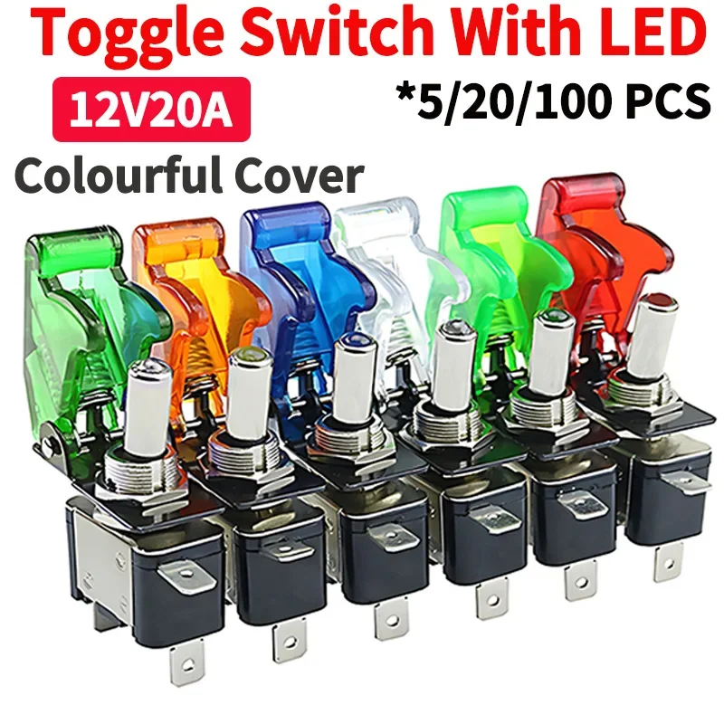 

5/20SETS 12V20A SPST Toggle Rocker Switch LED Switch With Protective Cover Car Auto Cover LED Light Toggle Switch Control On/Off