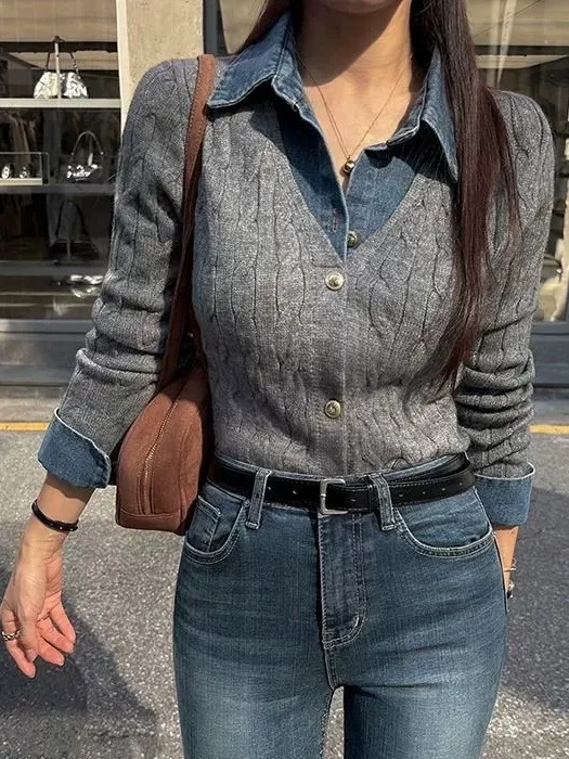 

Модный джинсовый лоскутный вязаный кардиган женский ort Sve Long Sve свитер осенний новый Sle Ele Quali