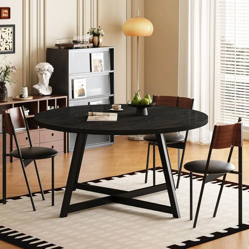 طاولة طعام مستديرة كبيرة لـ 6-8، طاولة عشاء خشبية مع قاعدة معدنية شديدة التحمل، تصميم موفر للمساحة مثالي للمطبخ #5