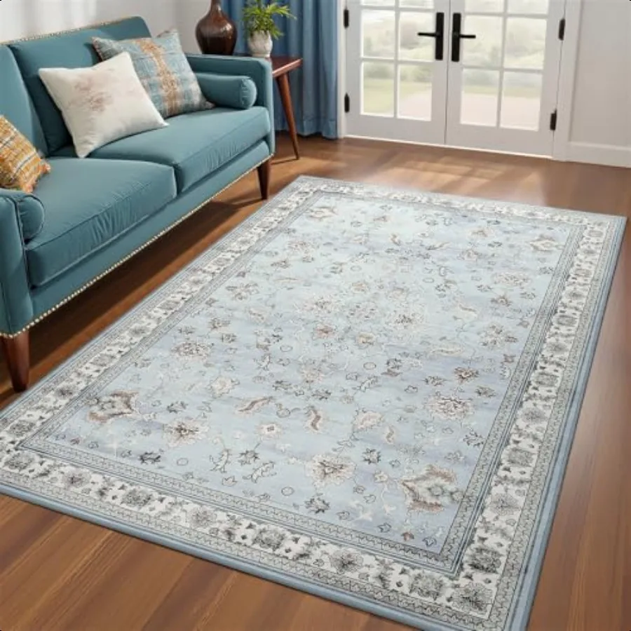 

4x6 Light Blue Washable Boho Area Rug for Living Room Floral Non Slip Bedroom Rugs Wool Low Pile Indoor Mat Aesthetic Pattern