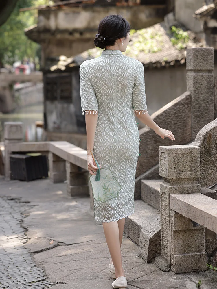 Sexy Beaded Tassel Seven Points Sleeves Embroidery Chiffon Daily Qipao Dress Mandarin Collar Lace Chinese Cheongsam