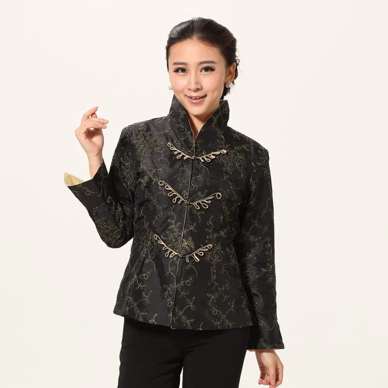 Women Elegant Coat Black Red Gold Thread Oriental Knot Button Design Jacket Tea Break Style Outfits Chinese New Year Clothes