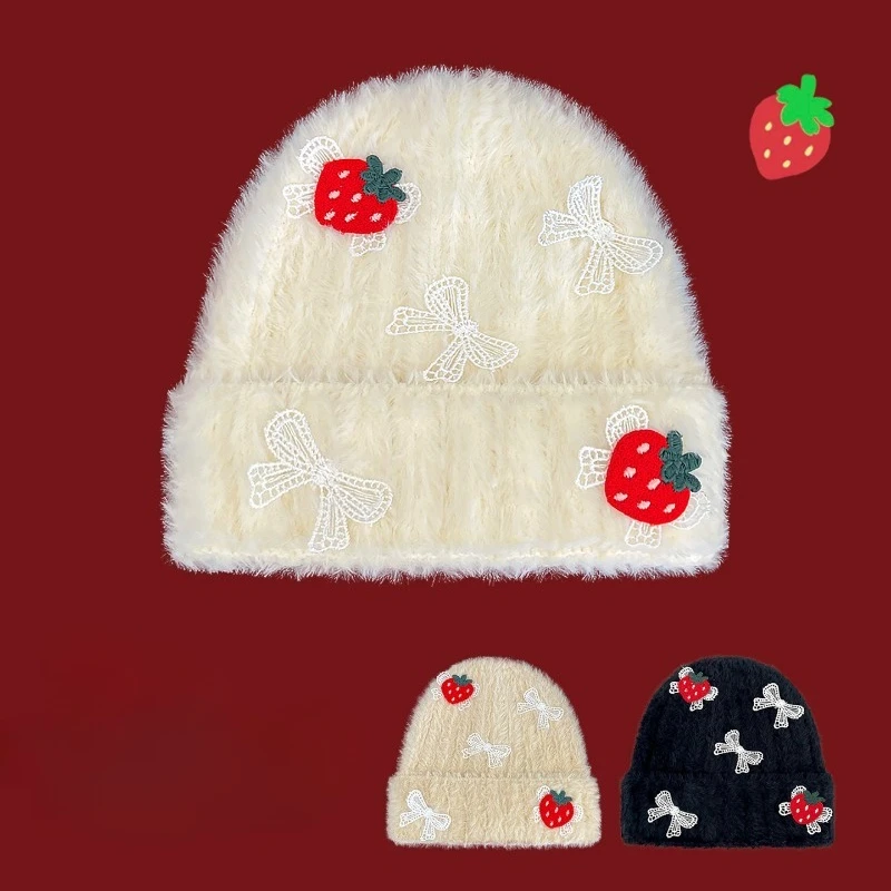 

Новая корейская милая вязаная шапка с клубничным кружевом и бантом, женская осенне-зимняя милая и универсальная теплая шапка-бини с большим черепом