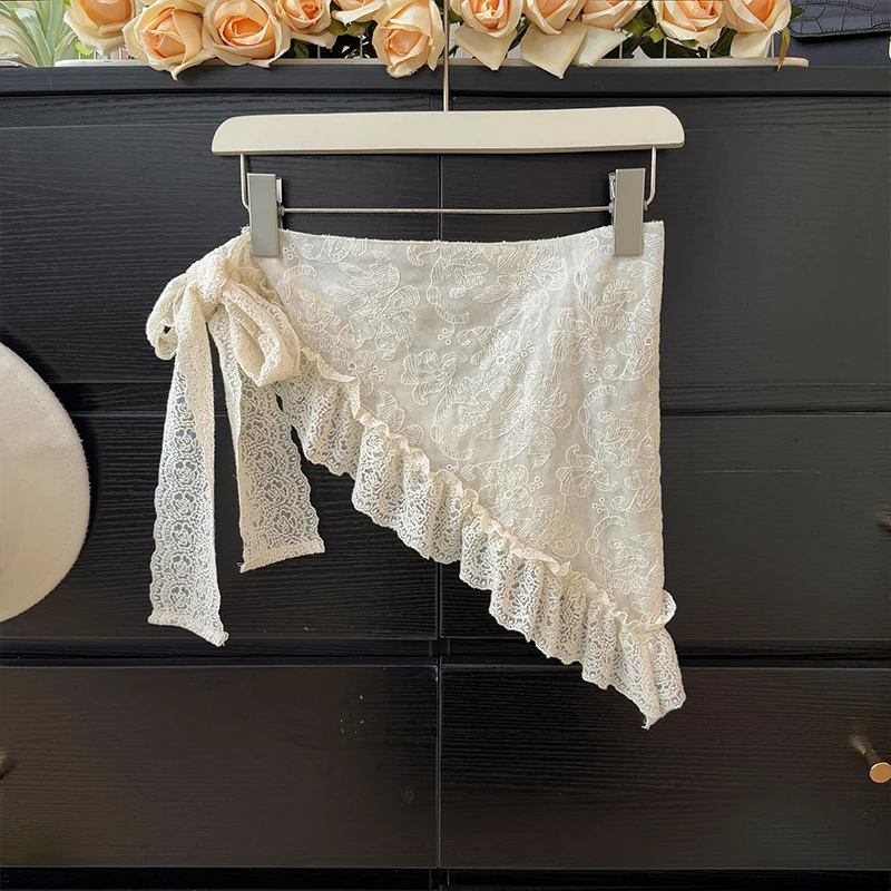 Irregular Lace Skirts Women Bandage Embroidered Ruffles Elegant Mini Skirt Korean Fashion Decoration Faldas Mujer