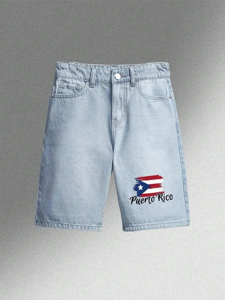 Puerto Rico Flag Print Mens Denim Shorts Loose Straight Leg Casual Summer Shorts