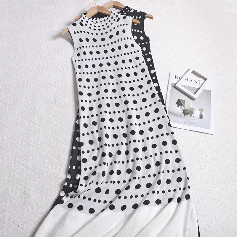 

Трикотажное платье без рукавов в горошек, женское весенне-летнее ретро-платье с высоким воротником и рыбьим хвостом, повседневное платье-жилет средней длины