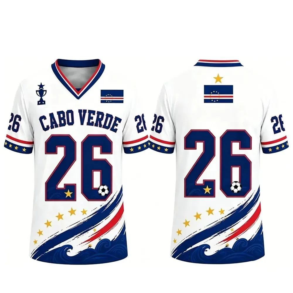 Men 2026 Cabo Verde Soccer Jersey Cape Verde Football Shirt Short Sleeve V Neck Fan Uniform Blue White Sportswear Jersey Tee Top