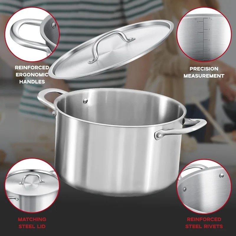 Tri-Ply Stainless Steel Stockpot com tampa de aço, 6 Quart, excelente distribuição de calor para deliciosas sopas, fogões e mais