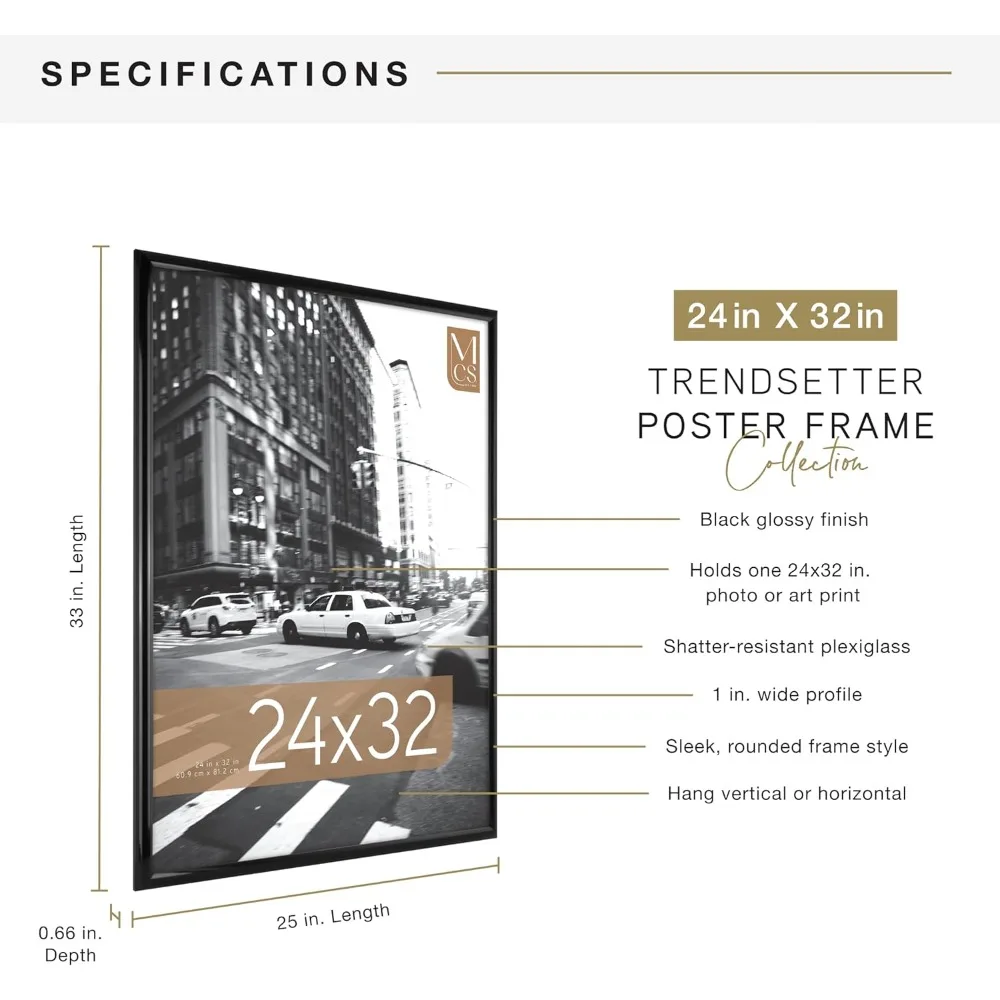 إطار ملصق أسود كبير اللمعان مقاس 24 × 32 - معلق على الحائط عموديًا/أفقيًا للصور والفن والألغاز