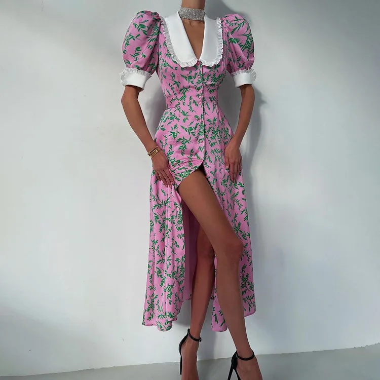 2025 صيف جديد إمرأة الخامس الرقبة نفخة كم قصير نمط الأزهار فستان طويل ، امرأة عالية الخصر الكشكشة زهرة فساتين مُزينة بطباعة