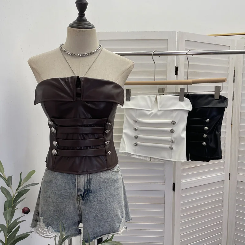 Sexy Strapless Lapel Retro Metal Buckle Decorative with Chest Pad Strip Tube Top Spice Girl Short Y2k Top