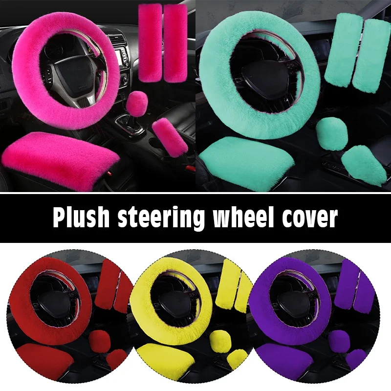 

New 6pcs Kit 38cm Universal Soft Warm Fluffy Steering Wheel Cover Faux Rabbit Hair Fine Plush Handbrake Car Accessorie Protector