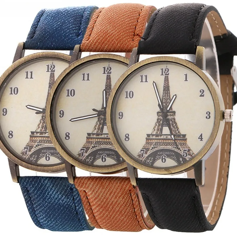 Women Watches Jean Leather Eiffel Tower Retro Bronze Color Ladies Fashion Watch Students WristWatch Relógio Feminino Reloj Mujer