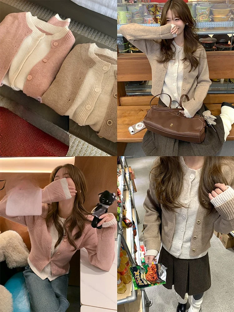 

Miaolab Women's Knitted Cardigan Sweater Fake Two-Piece Color Blo Wool Blend Long Sve round Ne Button-Up Thi Winter