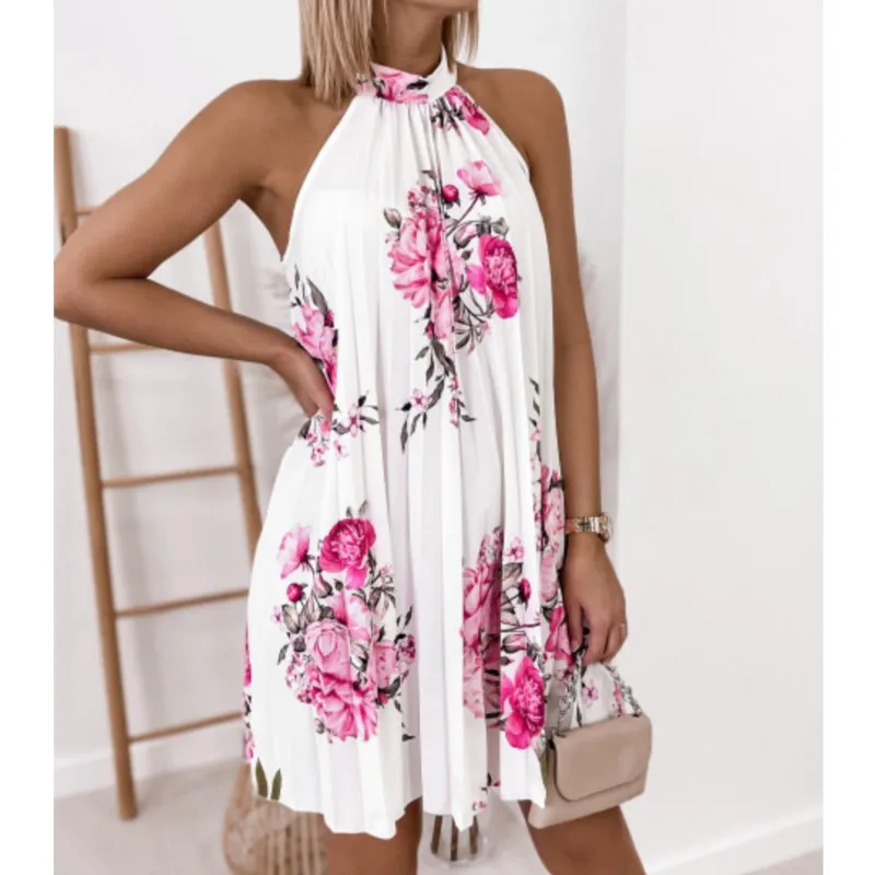 2024 Print Sleeveless Pleated Casual Sexy Off Shoulder Mini Dress Elegant Boho Beach Vestidosn Ms Chuh Summer Dresses For Women