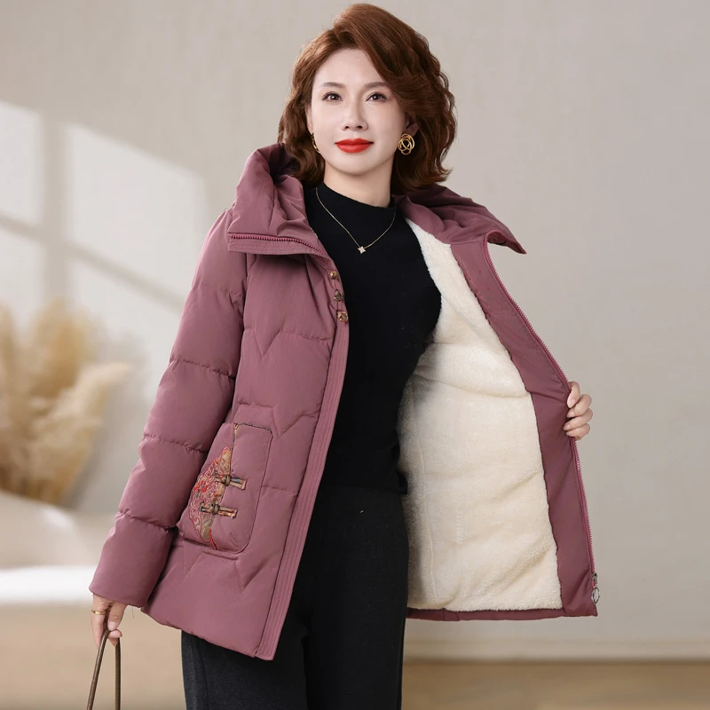 

Winter Thickened down Cotton Jacket for Middle-Aged And Elderly Women embroidery Mom Winter Coat Warm Female Cotton Parka