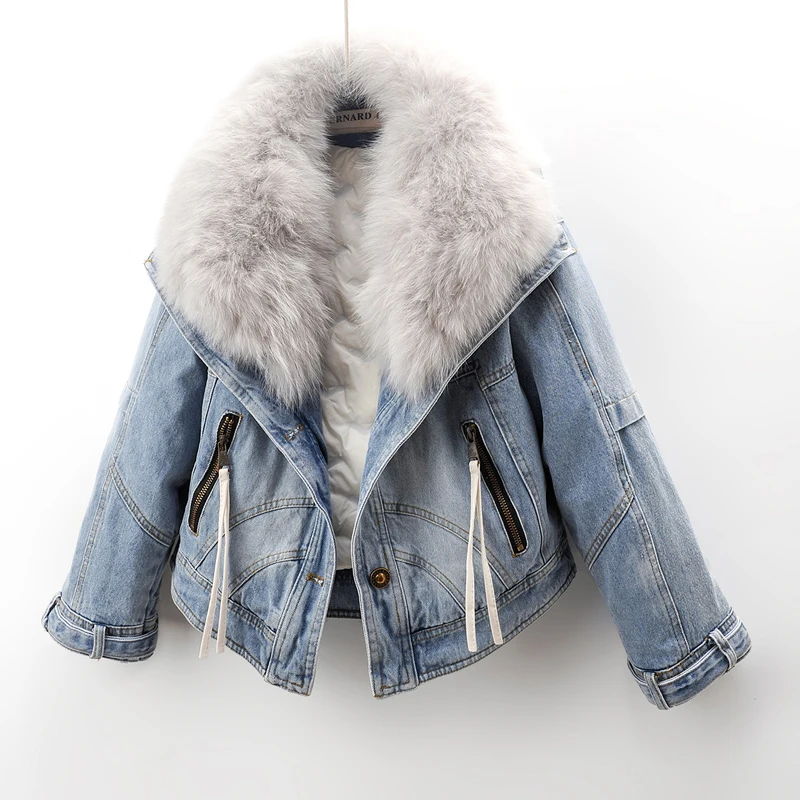 Winter Real Big Fox Fur Collar Down Cotton Liner Denim Jacket Women Cowboy Outwear Vintage Blue Loose Short Jeans Jacket Female