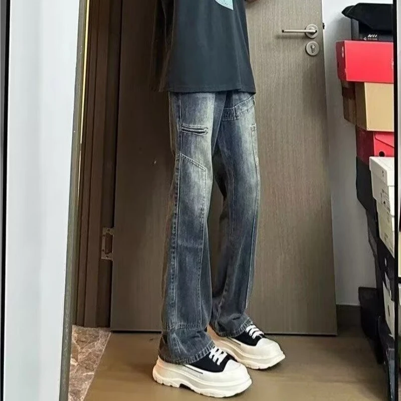 

Мужские джинсы большого размера 300 Pou, винтажные, свободного кроя, синие, весна-осень, прямые, длинные брюки, молодежные, повседневные, деним