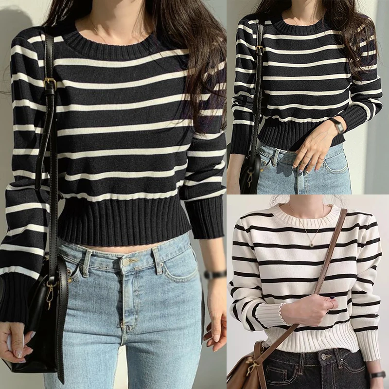 Casual Fashion Gentle Versatile O-Neck Retro Simplicity Long Sleeves Tops Women\'s Sweater Stripe Contrast Color