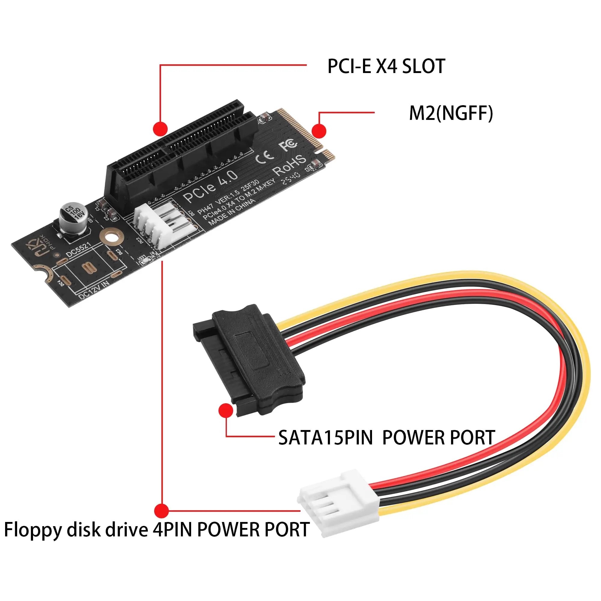 PCIe 4.0 X4 Slot Expander - M.2 NGFF to PCI-Express Adapter for Motherboards with Limited PCIe Slots, SATA 15Pin Power