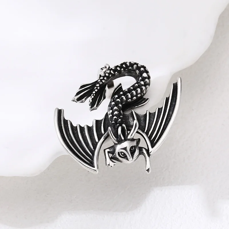 S925 Sterling Silver Dragon Pendant Black Color Old Process Fly Design Unisex Fine Jewelry FYNE353