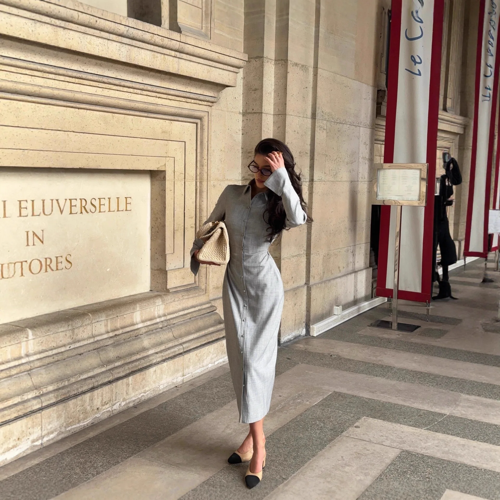 مزاج نسائي أنيق وعصري، نمط محايد، سترة صوفية بأكمام طويلة، لون خالص، قميص طويل، فستان