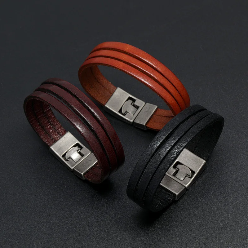 Fashionable Punk Retro Black Brown Genuine Cowhide Charm Neutral Buckle Bracelet Men's Wrist Strap Jewelry Gift